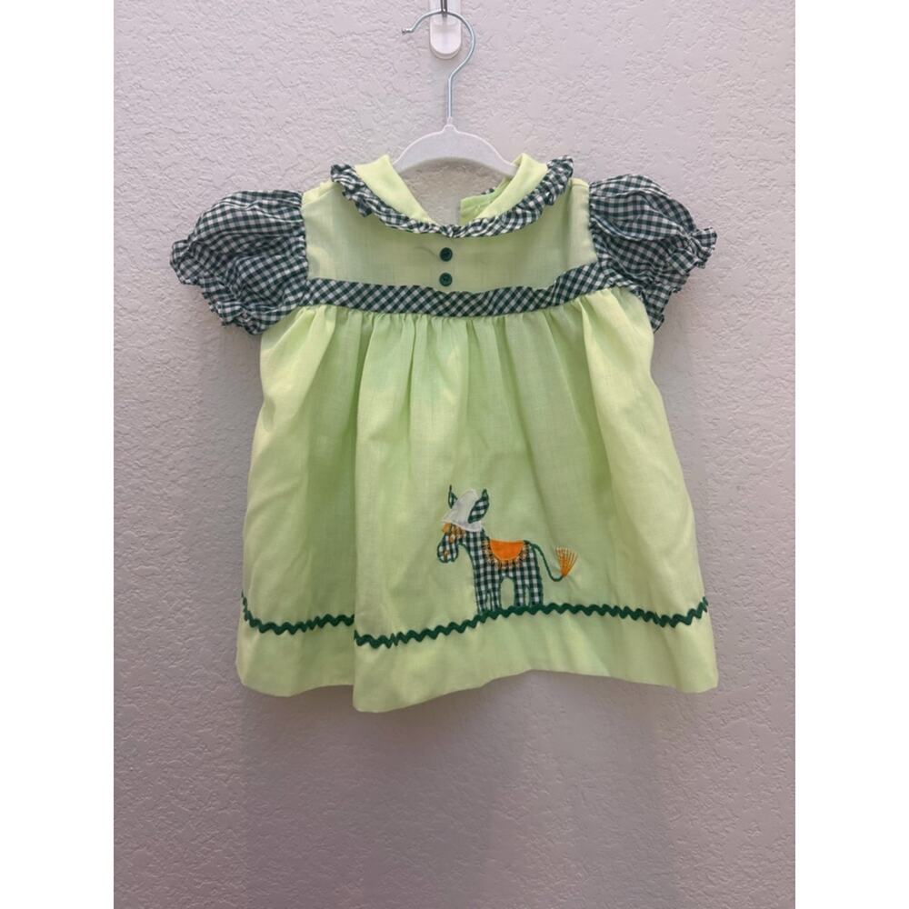 Vintage Baby Dress 3 to 6 Months Green Gingham Puff Sleeve Smocked Donkey Patch - Picture 2 of 3